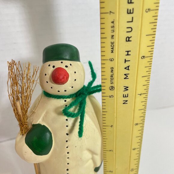 Vintage Snowman Figurine with Green Hat & Scarf Holding Broomstick - Rustic Wint - Picture 8 of 10